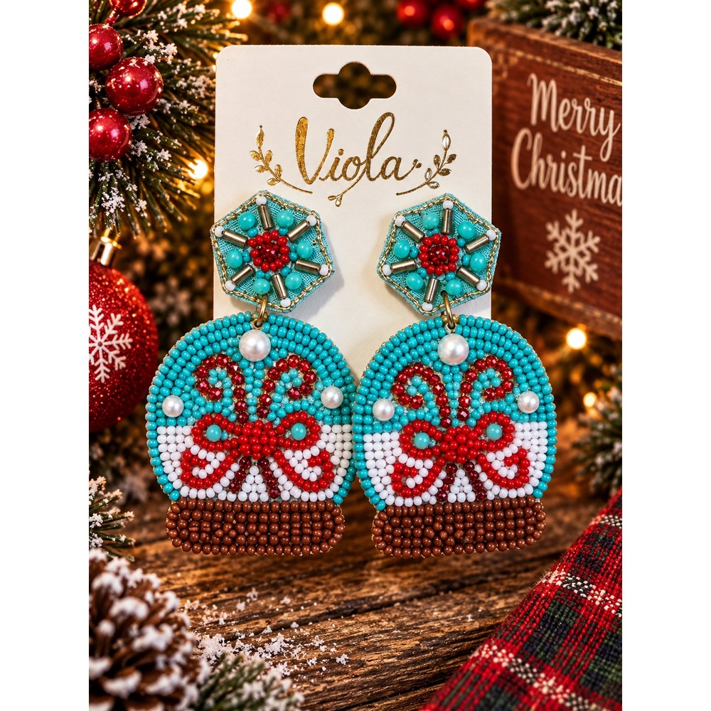 Christmas Snow Globe Seed Bead Earrings Candy Cane Bow Holiday Statement